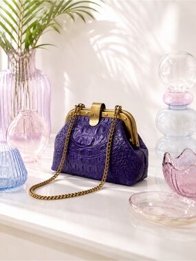 Genuine Crocodile Skin Frame Clasp Bag – Purple Exotic Leather Crossbody w Chain